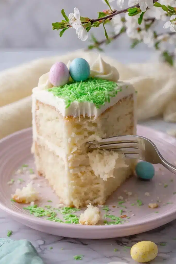 Easy Coconut Easter Cake slice with fork and pastel candy eggs