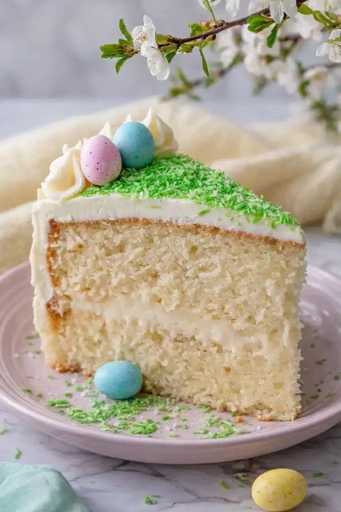 Slice of Easy Coconut Easter Cake with pastel eggs and green coconut topping