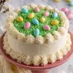 Easy Coconut Easter Cake with pastel candy eggs and green coconut grass topping