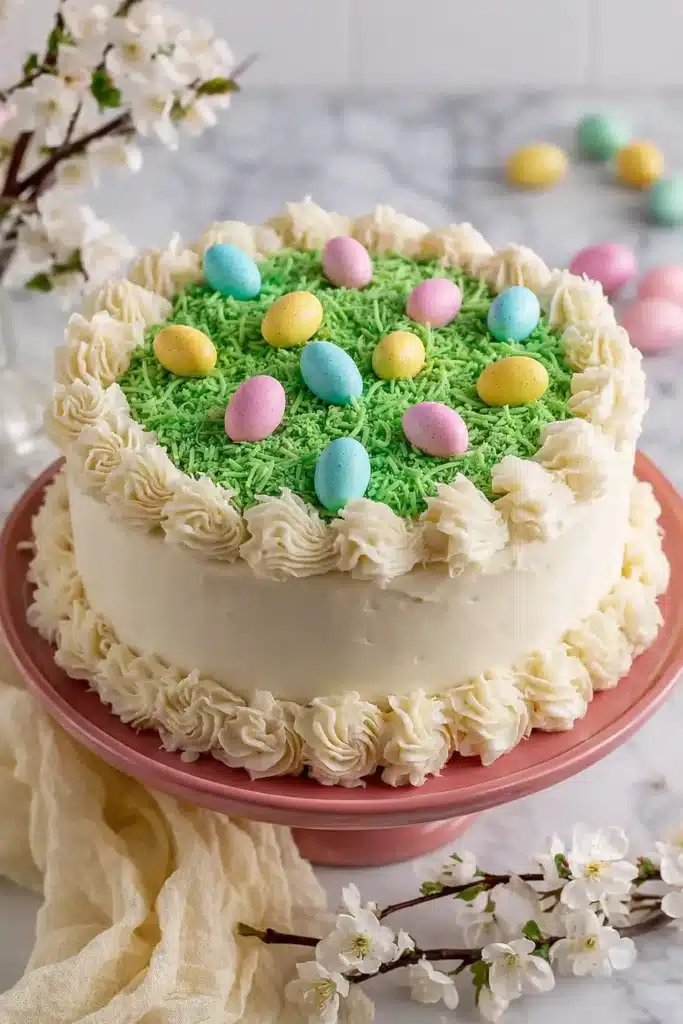 Easy Coconut Easter Cake with pastel candy eggs and green coconut grass topping