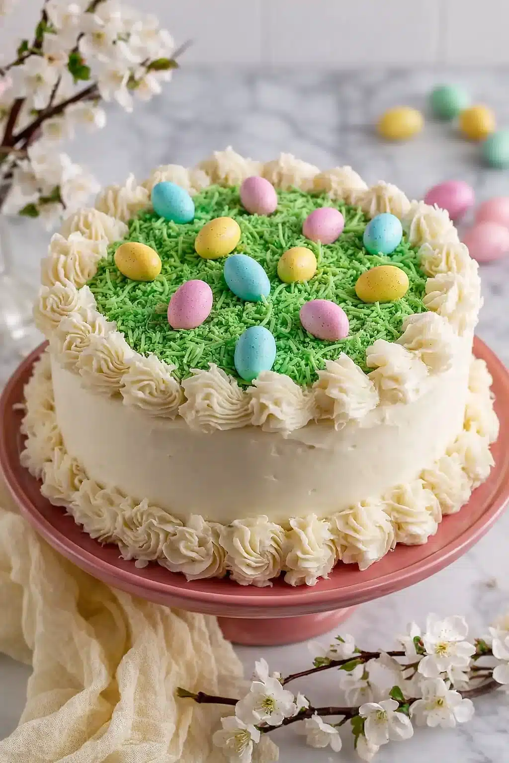 Easy Coconut Easter Cake with pastel candy eggs and green coconut grass topping