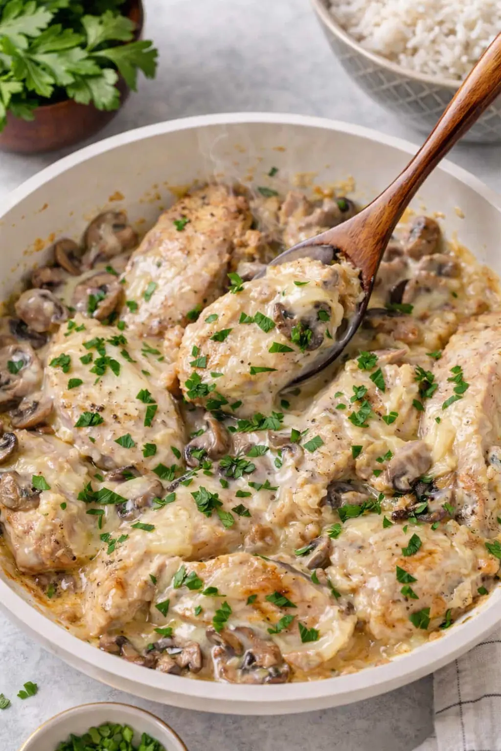Easy cream cheese chicken with mushrooms in creamy garlic sauce