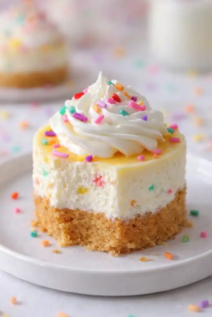 Easy Mini Birthday Cheesecakes topped with whipped cream and rainbow sprinkles