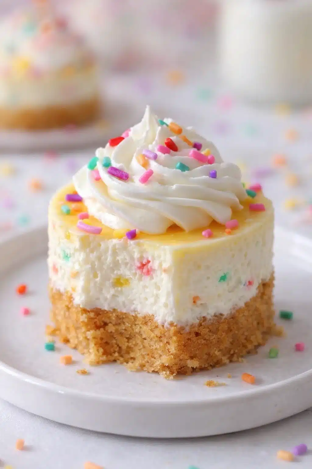Easy Mini Birthday Cheesecakes topped with whipped cream and rainbow sprinkles