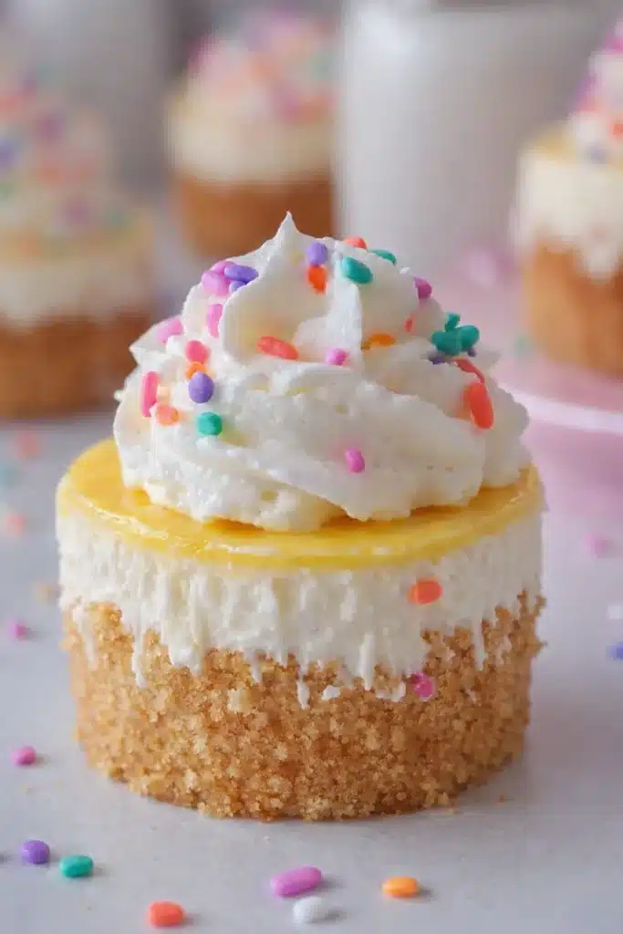 Easy Mini Birthday Cheesecakes | Creamy, Colorful Treats 5 Mini birthday cheesecake with whipped cream and rainbow sprinkles on white surface