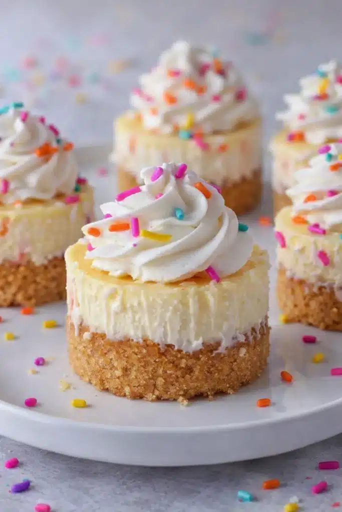 Easy Mini Birthday Cheesecakes | Creamy, Colorful Treats 6 Mini birthday cheesecakes topped with whipped cream and colorful sprinkles on white plate