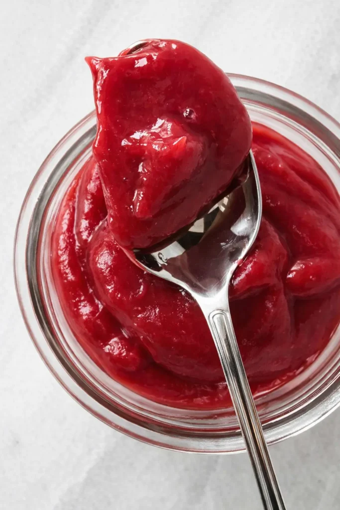 Easy Rhubarb Butter with glossy smooth texture in glass jar