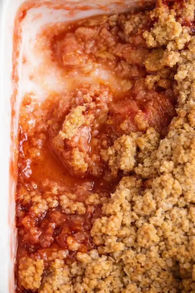 Easy Rhubarb Crisp – Amazing Homemade Dessert 6 Easy Rhubarb Crisp close up with glossy filling and crumb topping