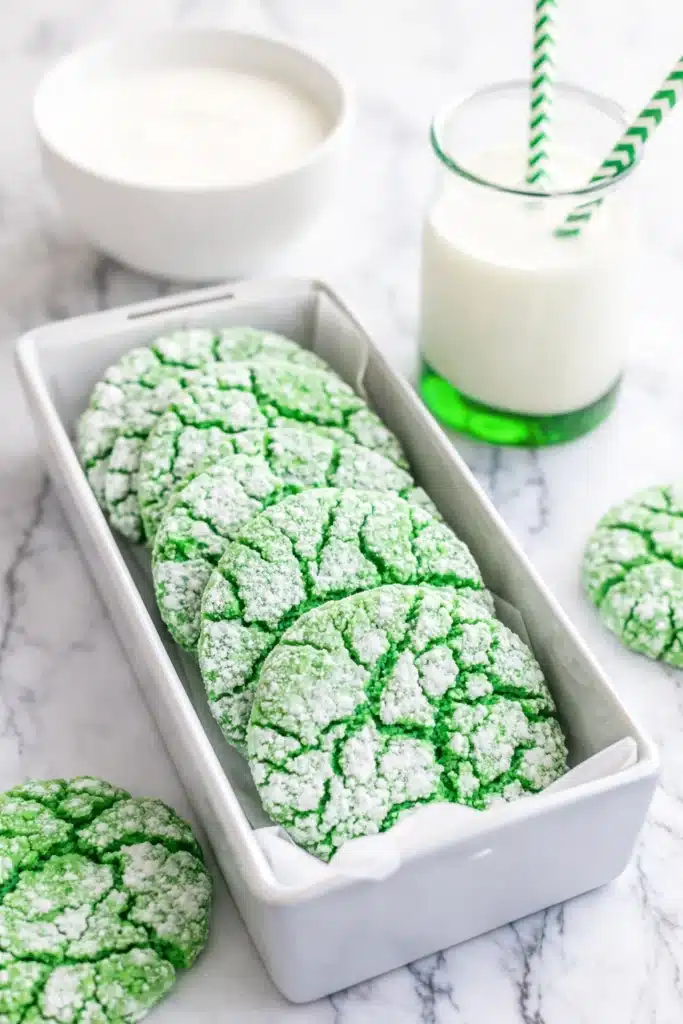 Easy St. Patrick’s Day Cookies in white baking dish with milk