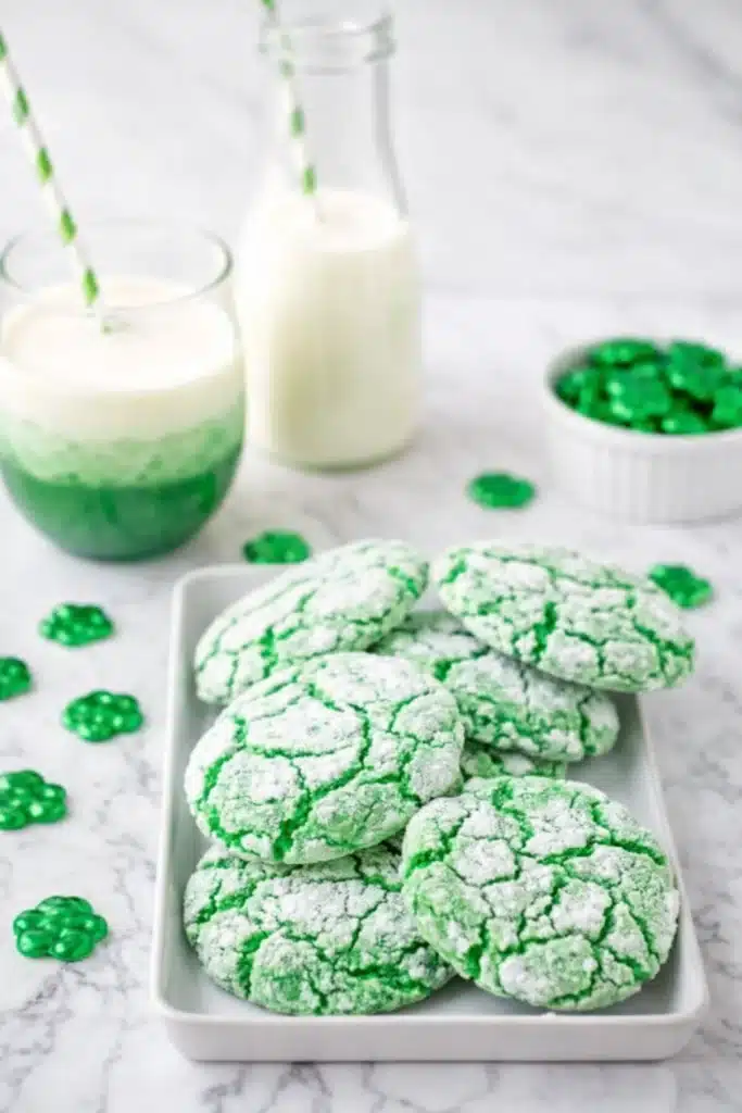 Easy St. Patrick’s Day Cookies with green crinkle texture and milk