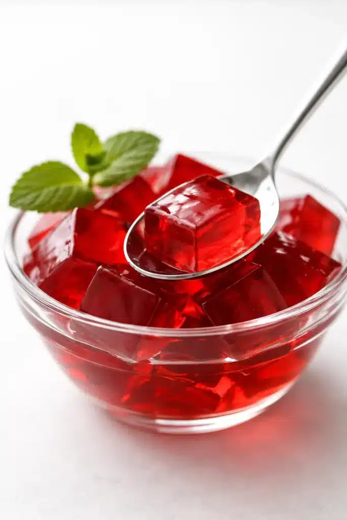 What are the 3 ingredients in the gelatin trick 22 Portion of gelatin trick cubes in a bowl with spoon and mint