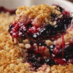 Spoonful of flaky berry crisp with frozen berries and golden oat topping