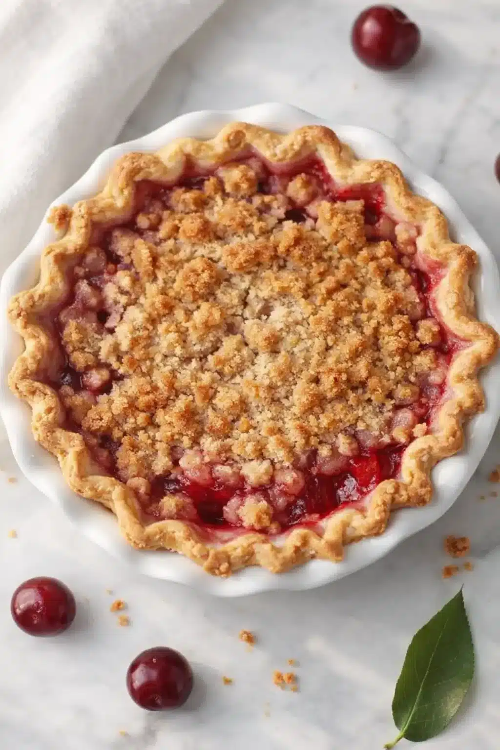 flaky cherry crumb pie with golden oat topping and juicy cherry filling