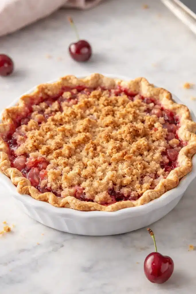 Flaky Cherry Crumb Pie | Amazing Homemade Dessert 5 flaky cherry crumb pie with golden crumble topping in white dish