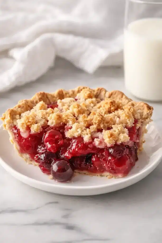 Flaky Cherry Crumb Pie | Amazing Homemade Dessert 6 flaky cherry crumb pie slice with golden crumble and juicy cherry filling