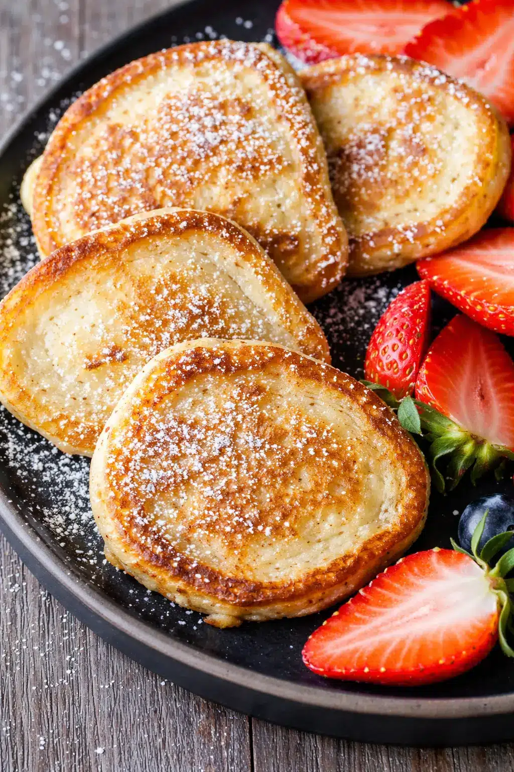 Golden cottage cheese pancakes with powdered sugar and fresh berries on dark plate