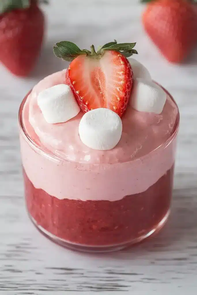 Fluffy strawberry mousse layered with strawberry puree and topped with marshmallows