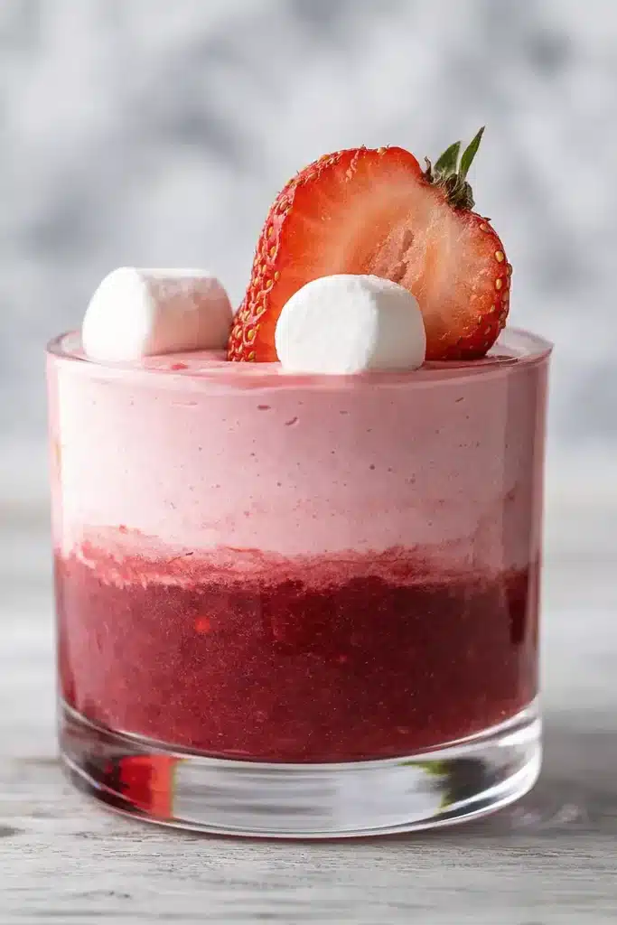 Fluffy strawberry mousse layered with strawberry puree topped with fresh strawberry and marshmallows