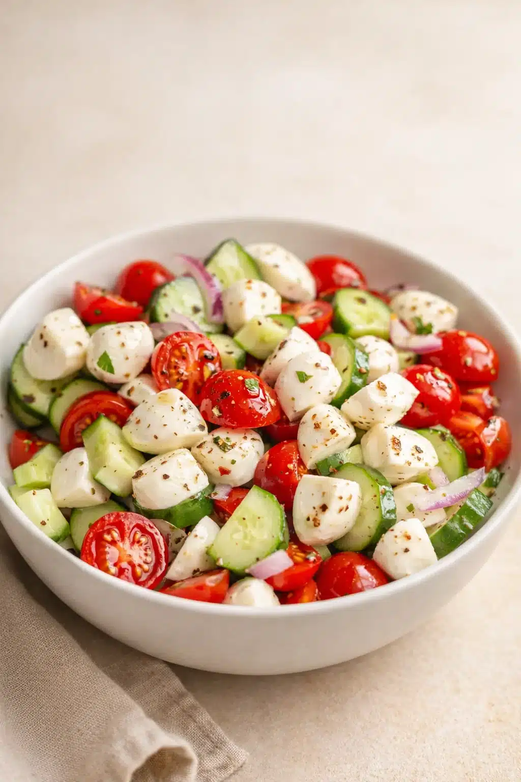Fresh cucumber caprese salad with tomatoes, mozzarella, and herbs in a white bowl