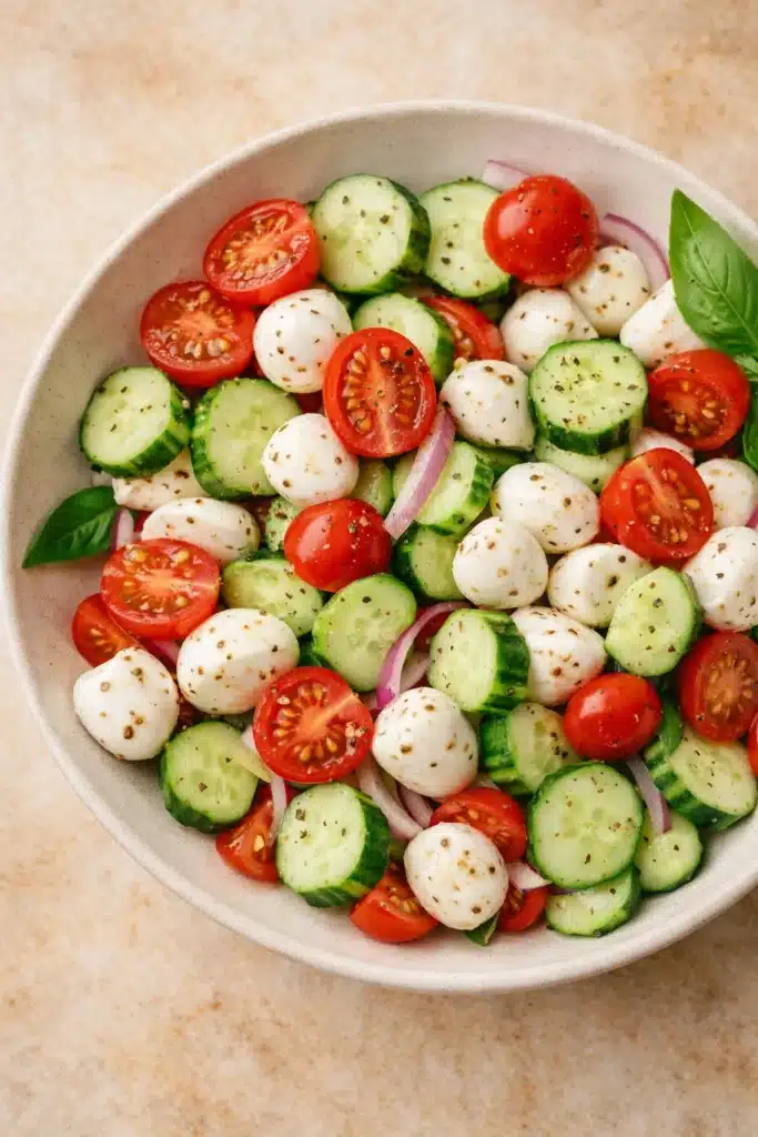 Fresh Cucumber Caprese Salad | Simple No-Cook Lunch Idea 6 Fresh cucumber caprese salad with tomatoes, mozzarella, and basil in a bowl