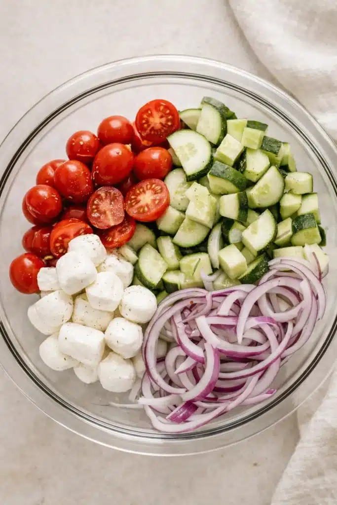 Fresh Cucumber Caprese Salad | Simple No-Cook Lunch Idea 5 Fresh cucumber Caprese salad ingredients in a glass bowl