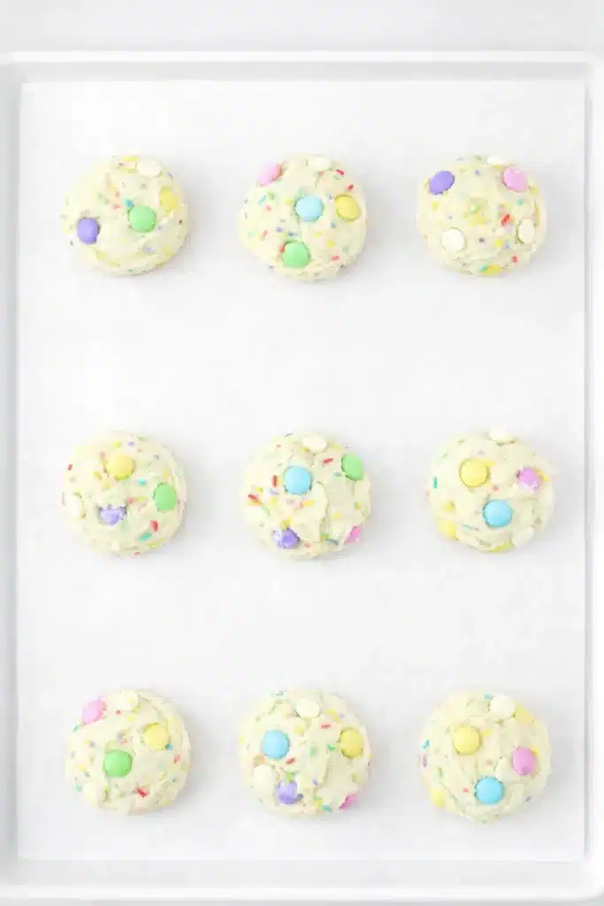 Funfetti Cake Cookies for Easter Treats 12 Funfetti Cake Cookies for Easter dough scoops on baking sheet