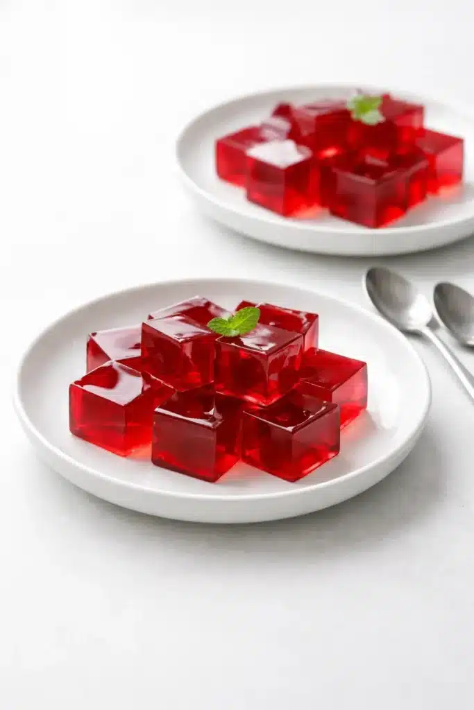 What are the 3 ingredients in the gelatin trick 18 Red gelatin trick cubes on white plates with fresh herbs