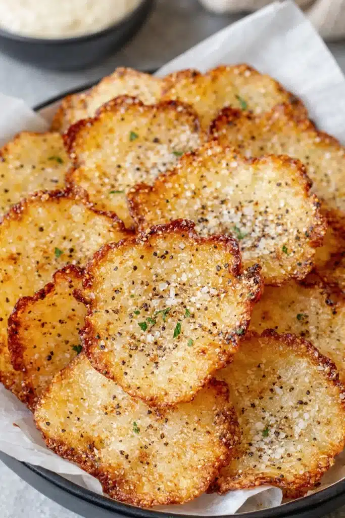 Cottage Cheese Chips Ultimate Crispy Snack 7 Golden crispy Cottage Cheese Chips with black pepper and salt in ceramic bowl