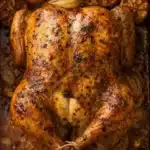 Golden roast chicken with crispy herb butter skin and roasted onions