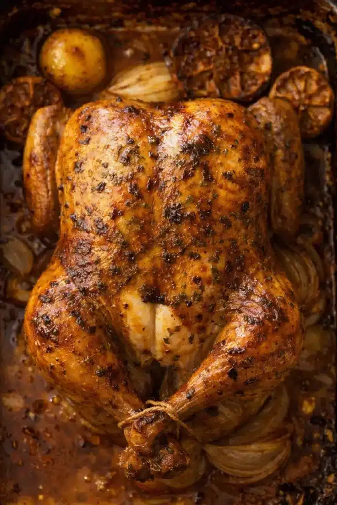 Roast Chicken with Garlic Herb Butter Recipe Guide 8 Golden roast chicken with crispy herb butter skin and roasted onions