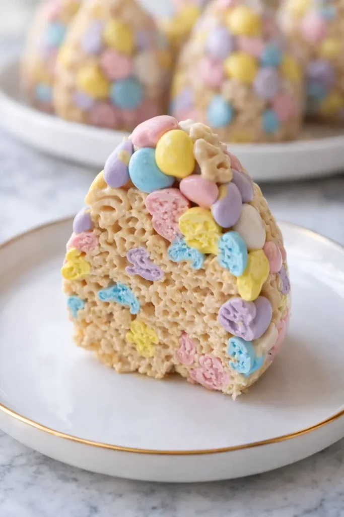 Easter Egg Rice Krispie Treats | Fun, Colorful & Easy Recipe 4 Half Easter Egg Rice Krispie Treat with pastel candies on a gold-rimmed plate