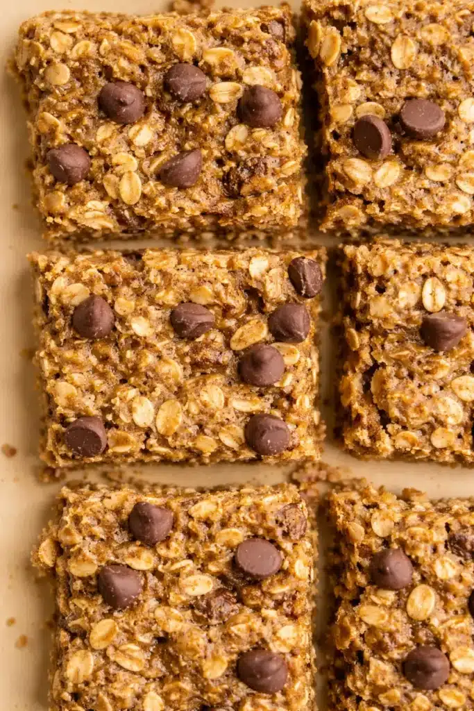 Healthy Banana Oatmeal Bars with chocolate chips in a vertical grid