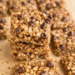 Healthy banana oatmeal bars with chocolate chips stacked on parchment paper