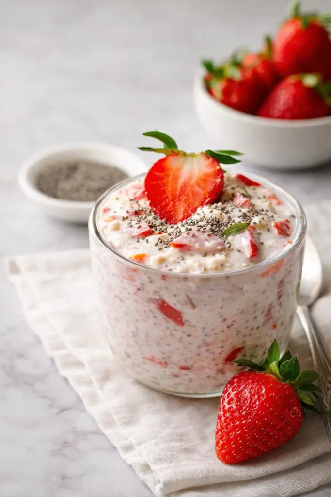Healthy Strawberry Protein Overnight Oats | Simple Breakfast 5 Healthy strawberry protein overnight oats in a glass with chia seeds and white napkin
