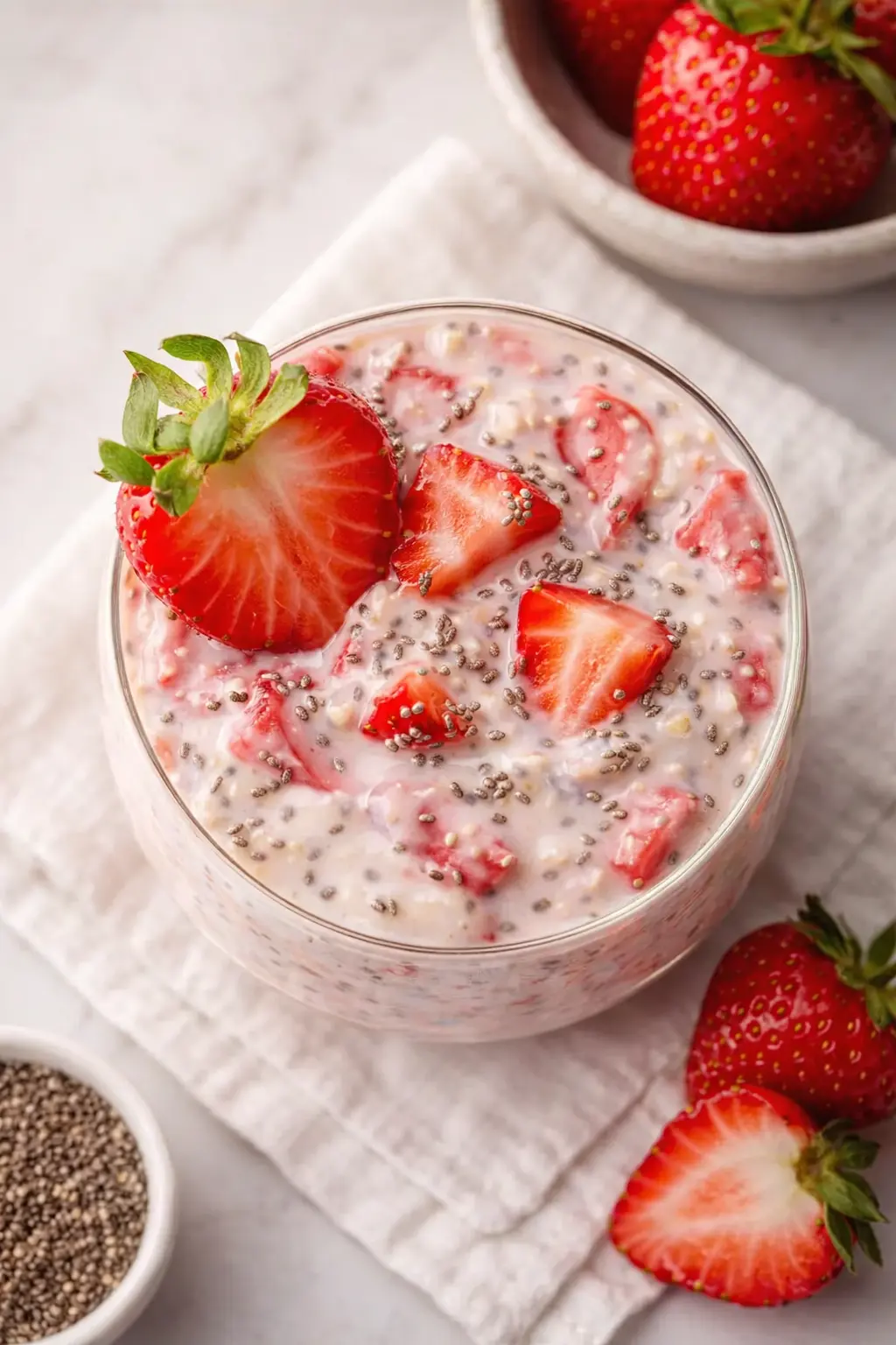 Healthy strawberry protein overnight oats with chia seeds and fresh strawberries in a glass