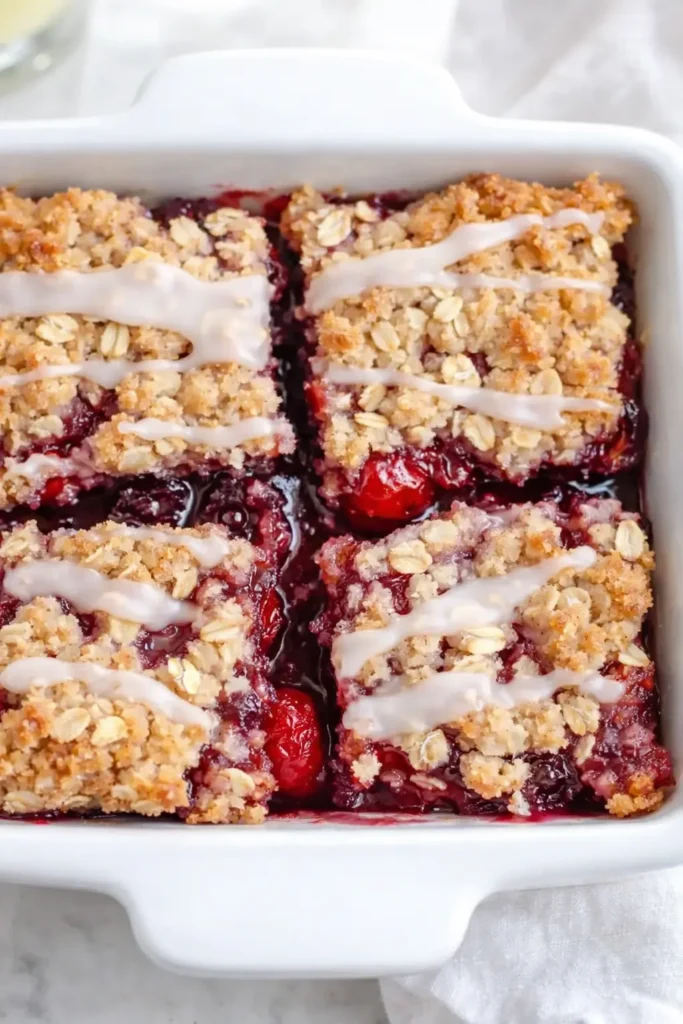 Healthy tart cherry crumble bars with oat topping and icing drizzle in white baking dish