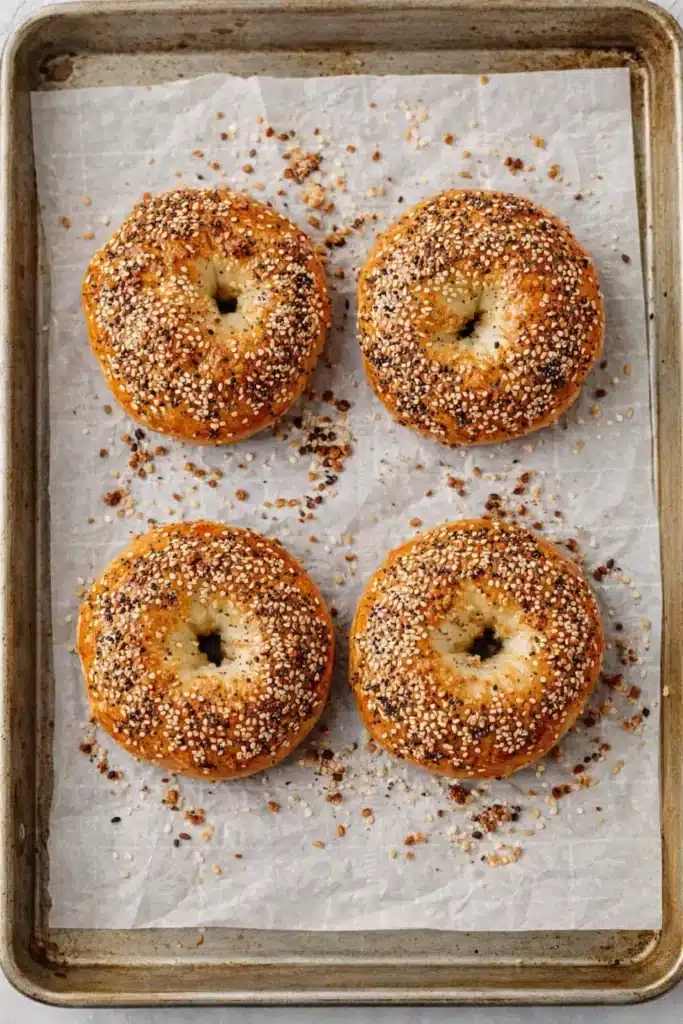 High-Protein Cottage Cheese Bagels Easy Proven Breakfast 6 Four High-Protein Cottage Cheese Bagels with everything seasoning on baking tray