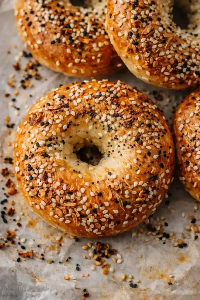 Golden high protein cottage cheese bagels with everything seasoning on baking surface