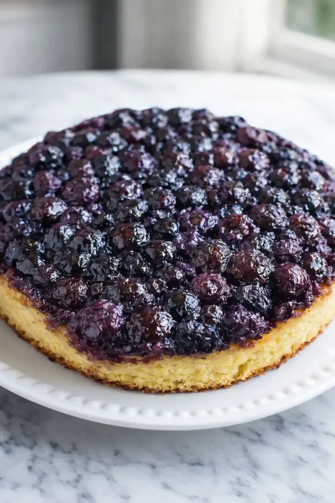 Homemade blueberry upside down cake with glossy caramelized topping on a white plate