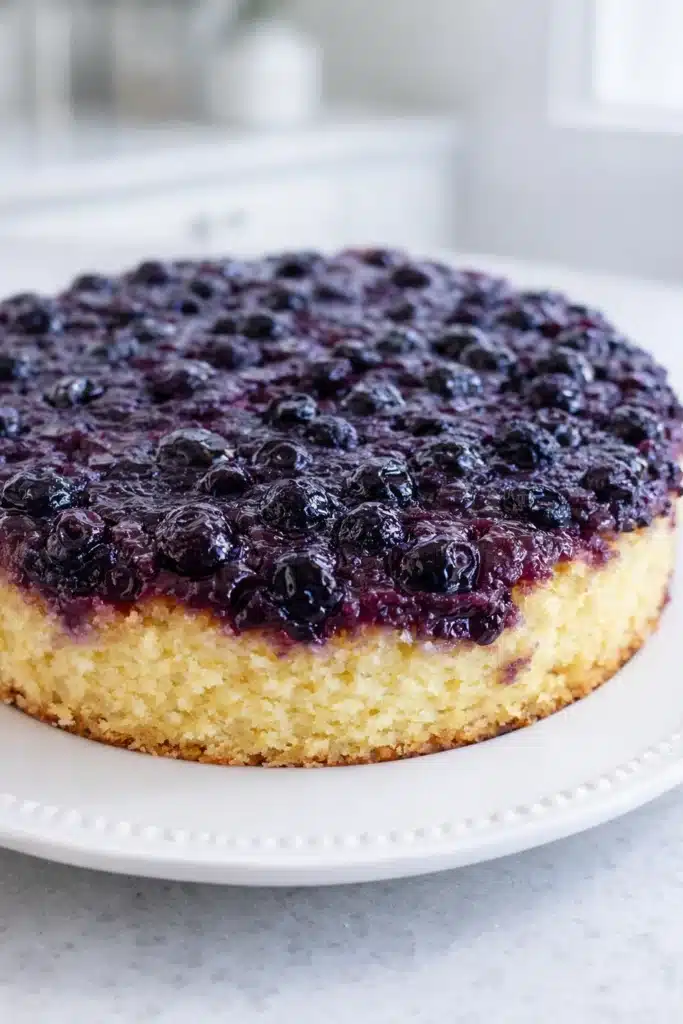 Homemade blueberry upside down cake with glossy berries on a white plate