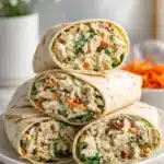 Homemade chicken salad wraps stacked on a plate with creamy chicken and fresh spinach filling