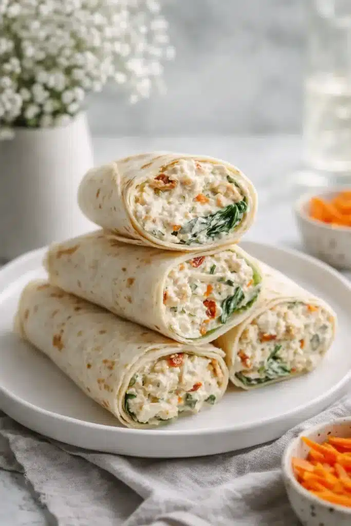 Homemade Chicken Salad Wrap – Fresh, Creamy & Delicious 5 Homemade chicken salad wraps stacked on a white plate with creamy chicken and spinach filling