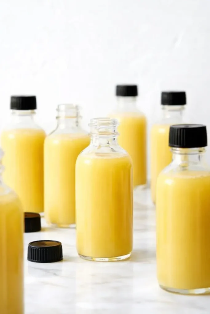 Glass bottles of homemade ginger shots with black caps on a bright countertop