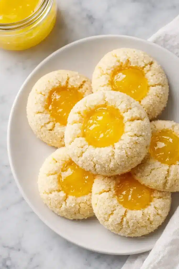 Homemade lemon curd thumbprint cookies on a plate with glossy lemon filling