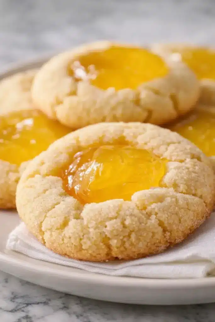 Close-up of homemade lemon curd thumbprint cookies on a white napkin