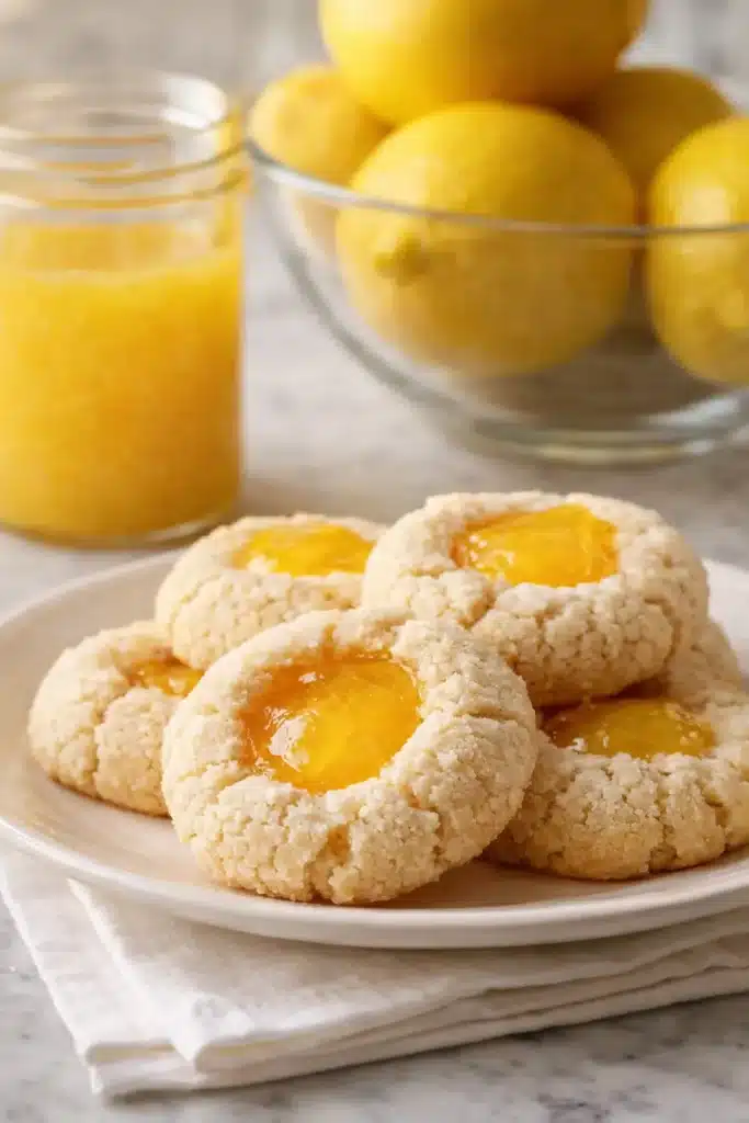 Homemade lemon curd thumbprint cookies with glossy lemon filling on white napkins