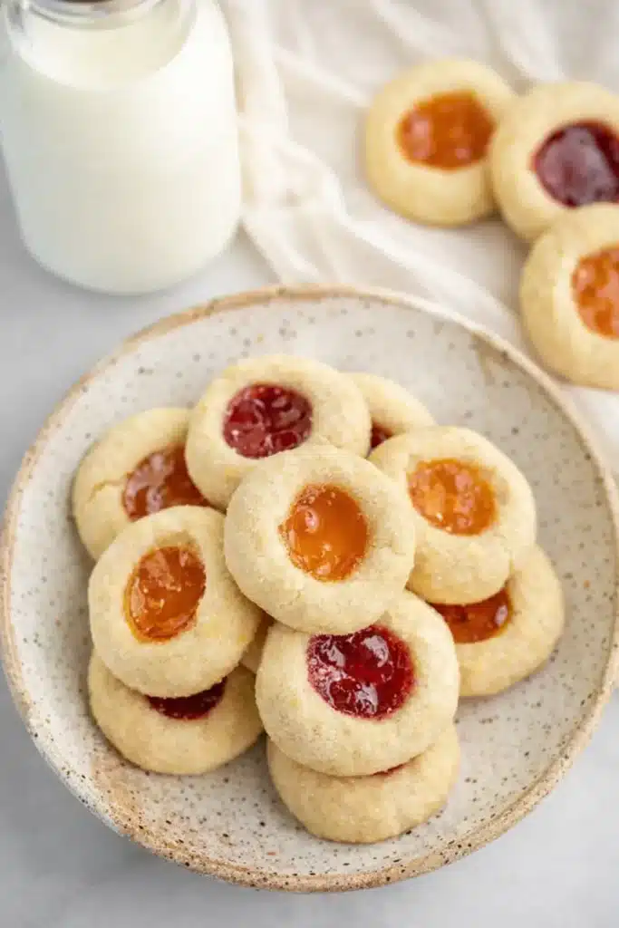 Stack of thumbprint cookies with glossy jam centers in ceramic bowl