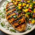 Grilled honey lime chicken with mango salsa over white rice