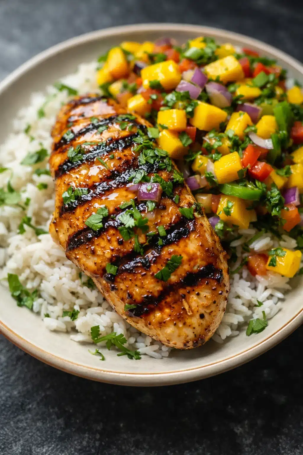 home 6 Grilled honey lime chicken with mango salsa over white rice