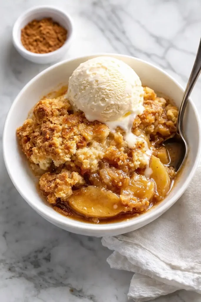 Irresistible Apple Cobbler | Easy & Comforting Dessert Recipe 6 Warm apple cobbler with melting vanilla ice cream in a white bowl